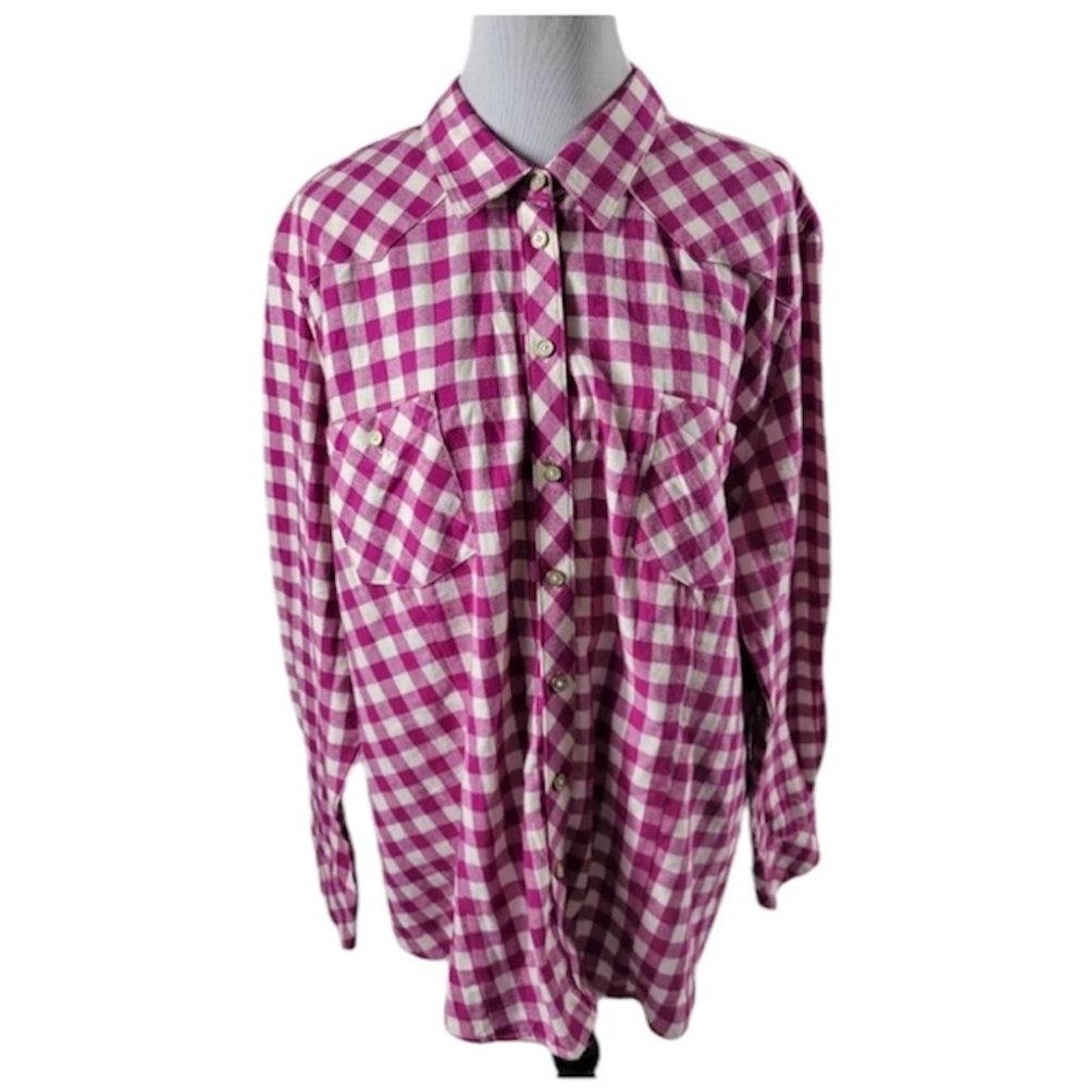 2X Bit & Bridle Pink and White Gingham Plaid Button Front Shirt Cotton Flannel